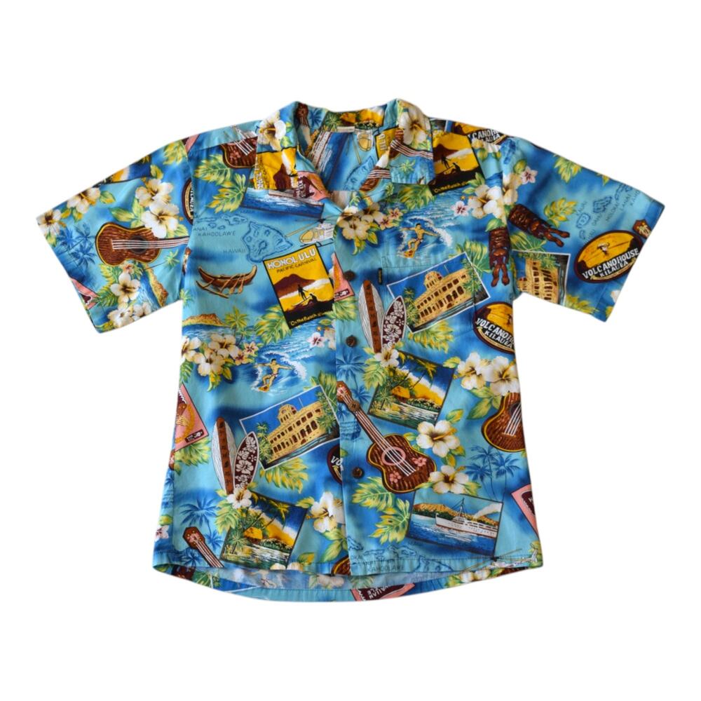 Vintage Hawaiian Shirt Blue Tropical Island Print Cotton Aloha - Small